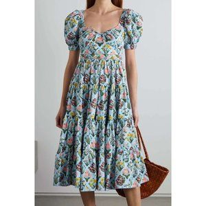 Agua Bendita Palmera Magdalena Day Cotton Midi Dress Blue Floral Print L